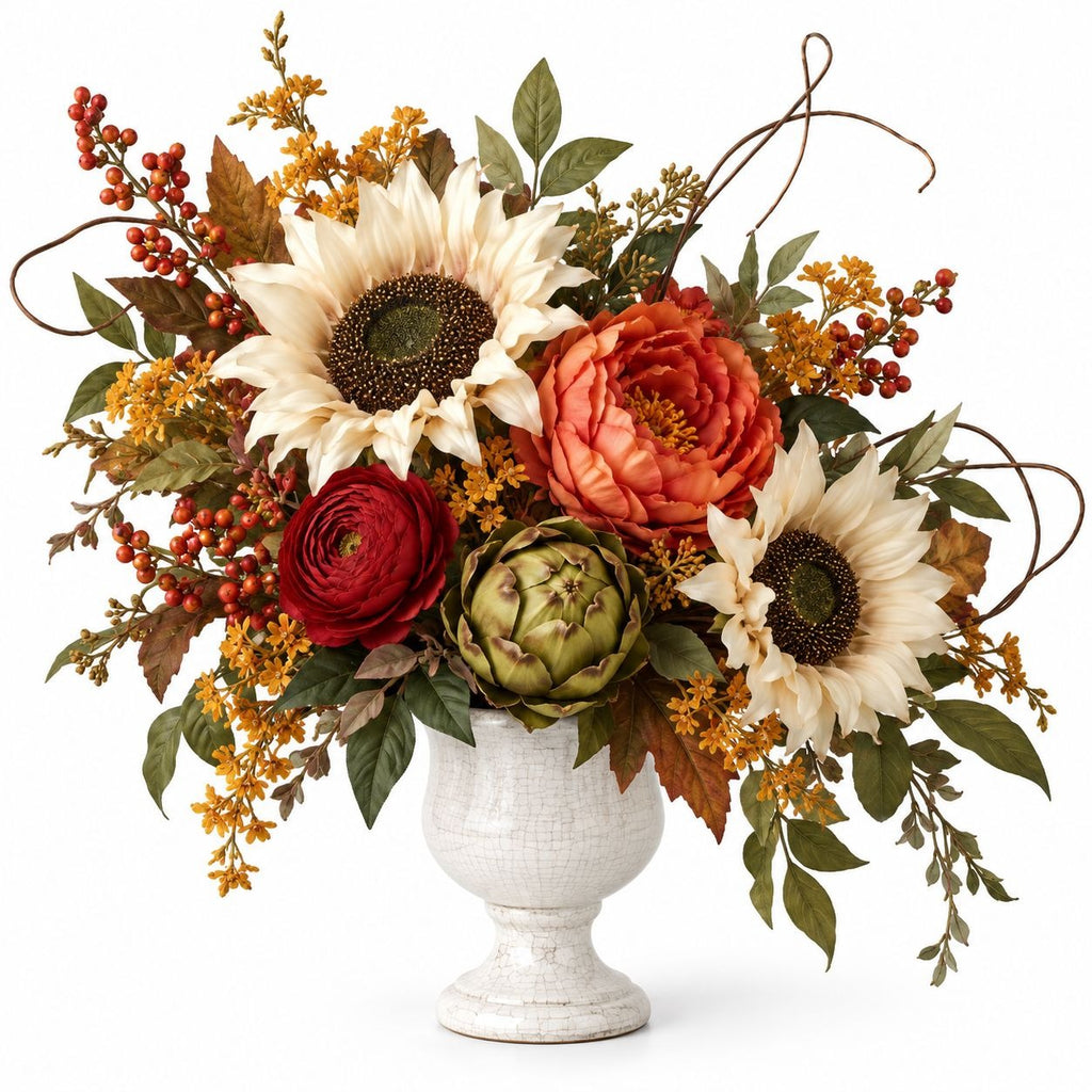 Fall Floral Centerpiece, Sunflowers, Ranunculus & Peonies, White Vase
