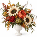 Fall Floral Centerpiece, Sunflowers, Ranunculus & Peonies, White Vase