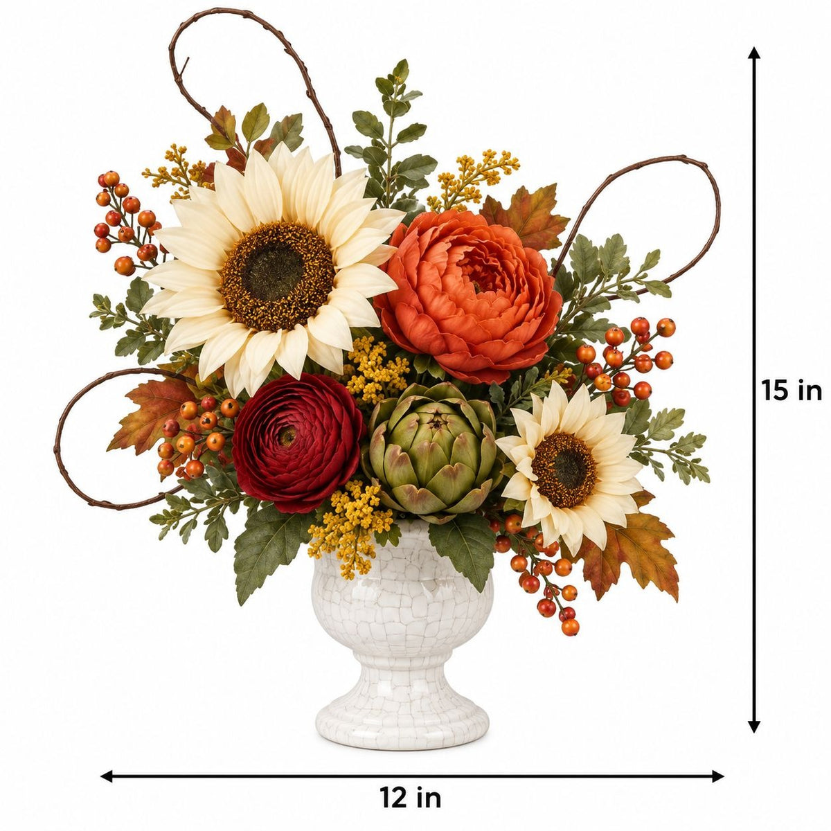 Fall Floral Centerpiece, Sunflowers, Ranunculus & Peonies, White Vase