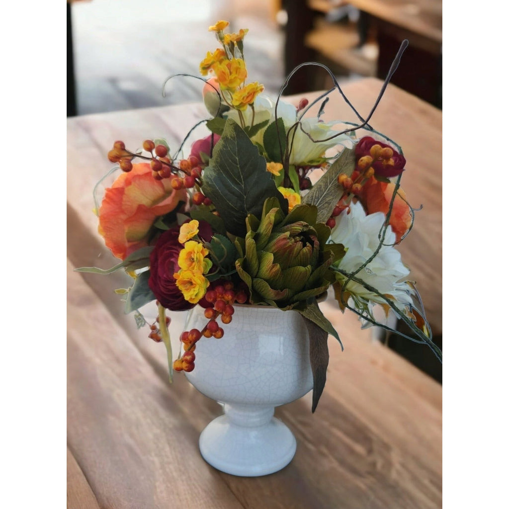Fall Floral Centerpiece, Sunflowers, Ranunculus & Peonies, White Vase