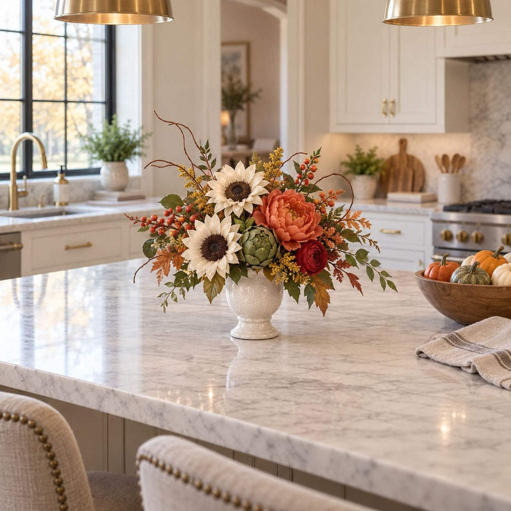 Fall Floral Centerpiece, Sunflowers, Ranunculus & Peonies, White Vase