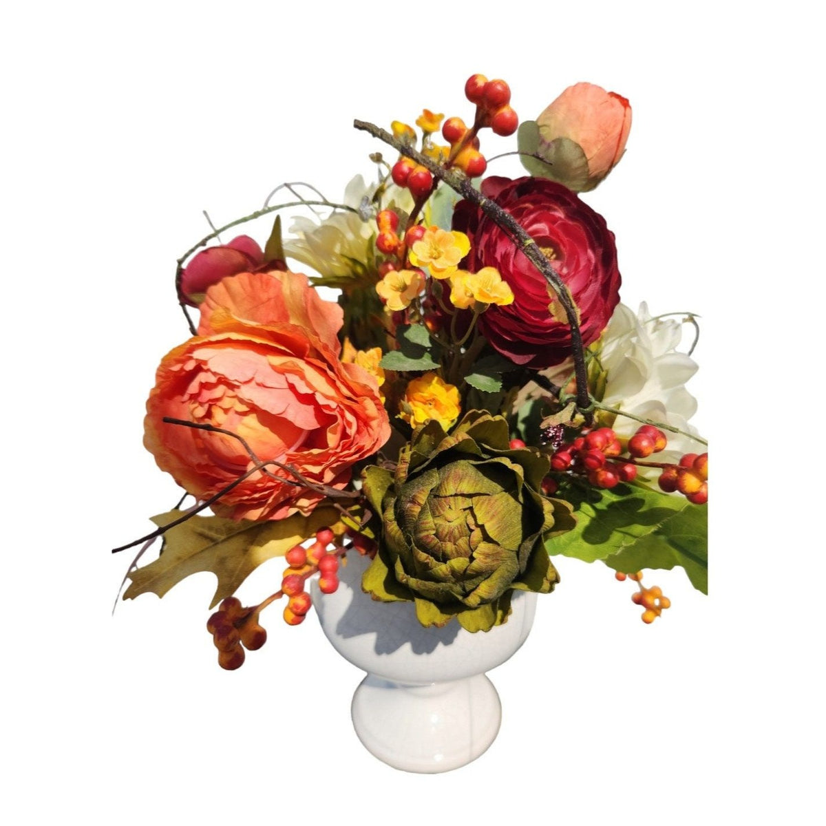 Fall Floral Centerpiece, Sunflowers, Ranunculus & Peonies, White Vase
