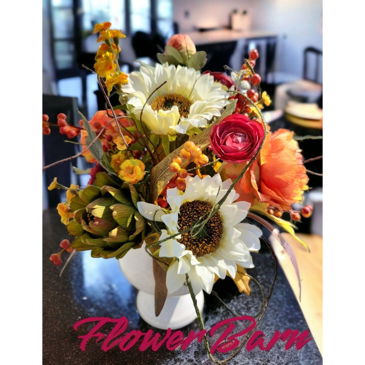 Fall Floral Centerpiece, Sunflowers, Ranunculus & Peonies, White Vase