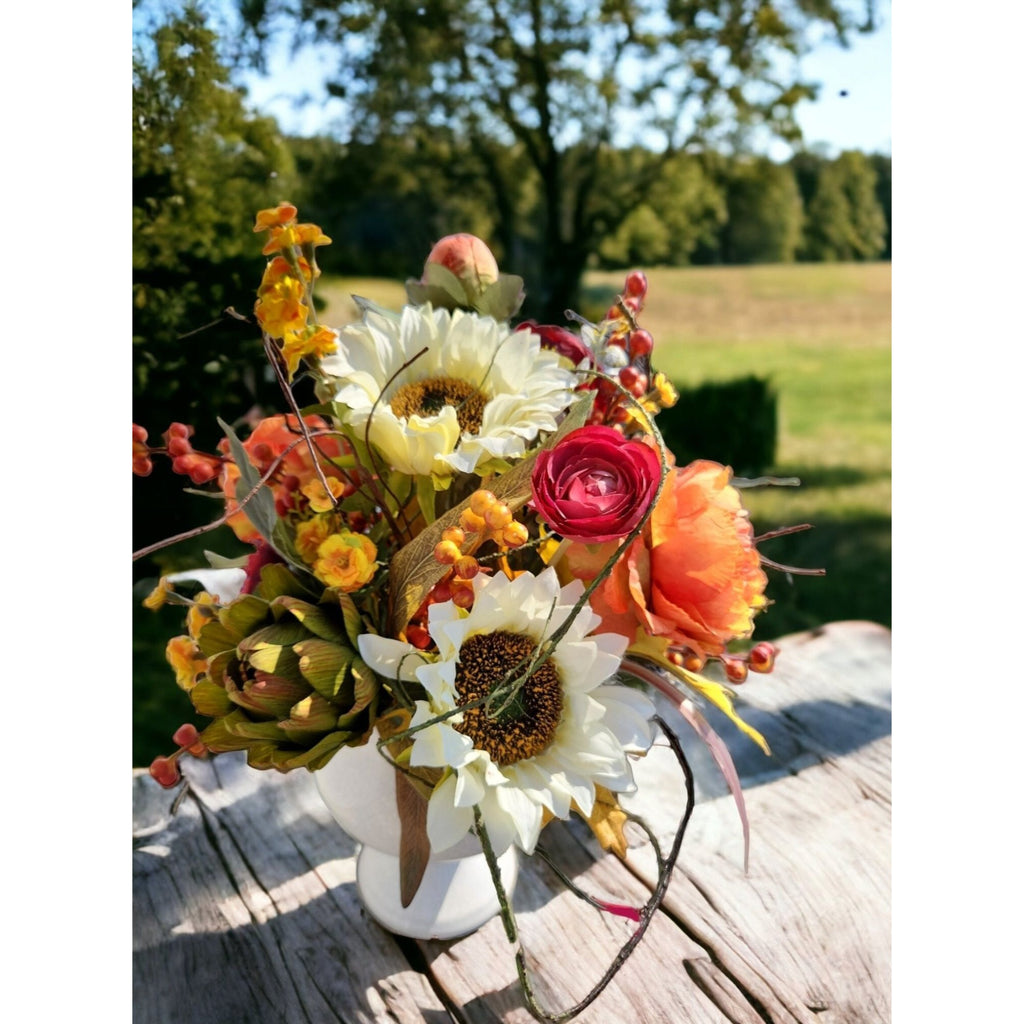 Fall Floral Centerpiece, Sunflowers, Ranunculus & Peonies, White Vase
