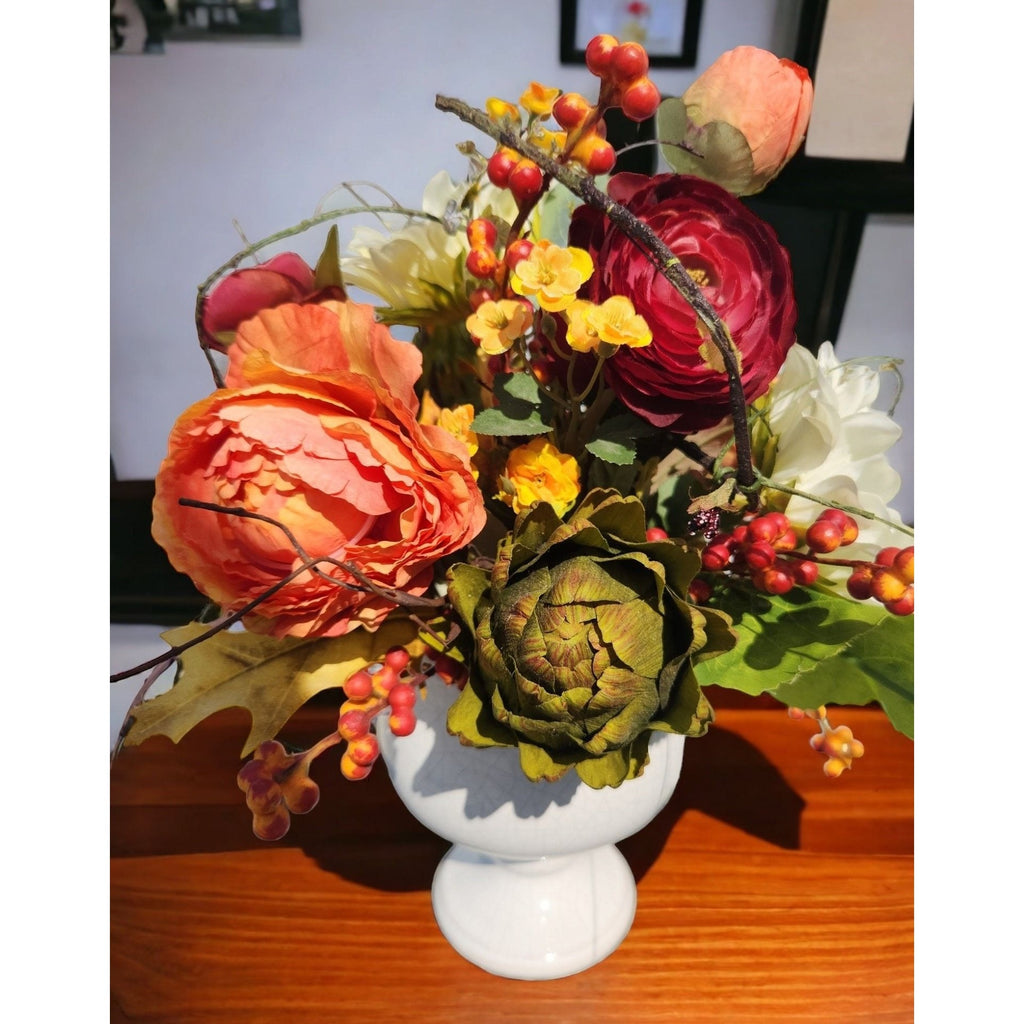 Fall Floral Centerpiece, Sunflowers, Ranunculus & Peonies, White Vase