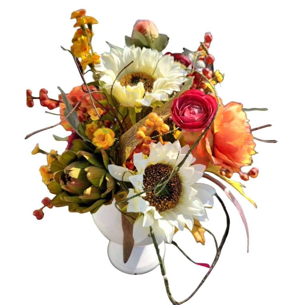 Fall Floral Centerpiece, Sunflowers, Ranunculus & Peonies, White Vase
