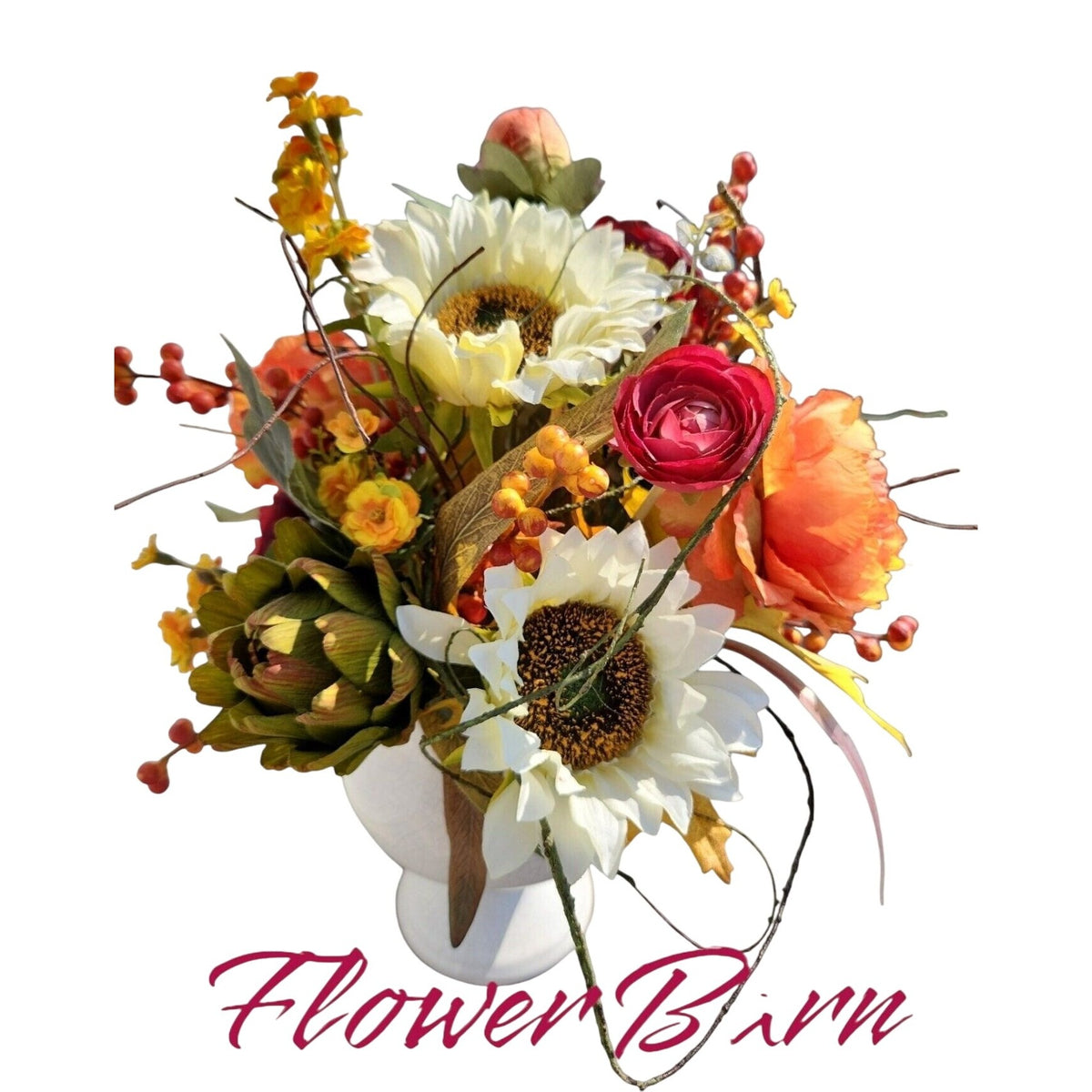Fall Floral Centerpiece, Sunflowers, Ranunculus & Peonies, White Vase