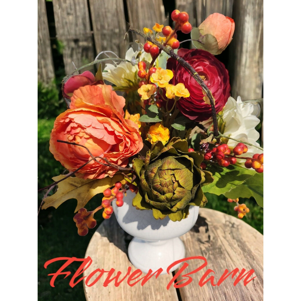 Fall Floral Centerpiece, Sunflowers, Ranunculus & Peonies, White Vase