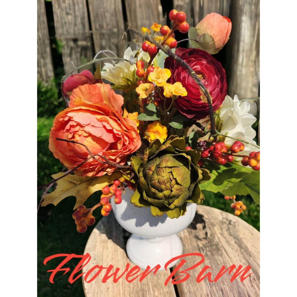 Fall Floral Centerpiece, Sunflowers, Ranunculus & Peonies, White Vase