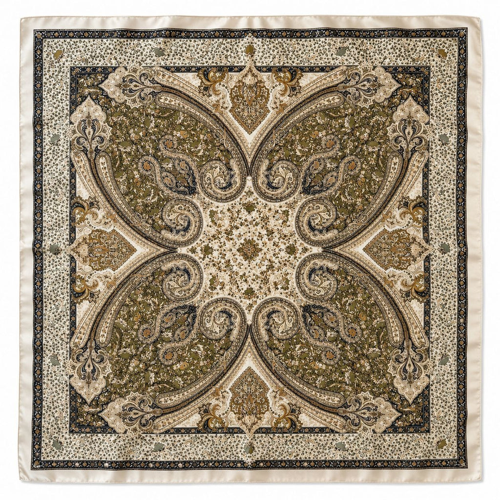 Ivory Olive Paisley Square Scarf 26x26 Sage Green Brown Boho Western Neck Scarf 
