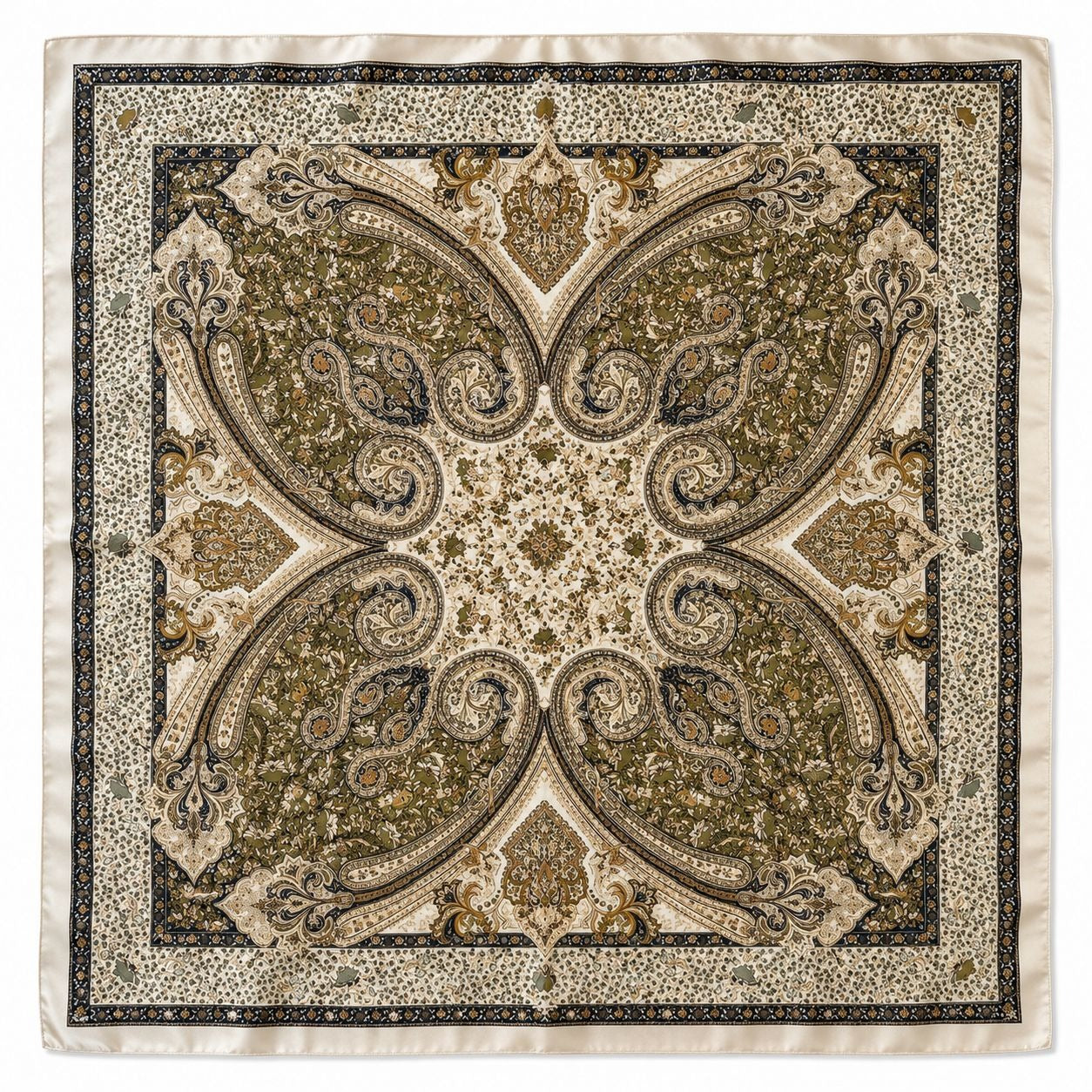 Ivory Olive Paisley Square Scarf 26x26 Sage Green Brown Boho Western Neck Scarf 