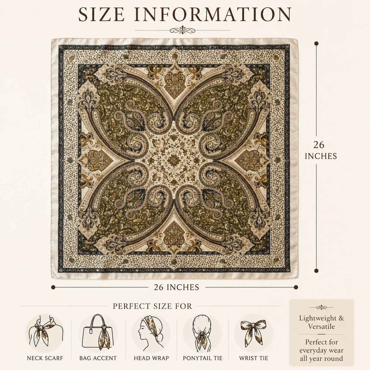 Decorative square scarf with paisley pattern and size information on a beige background