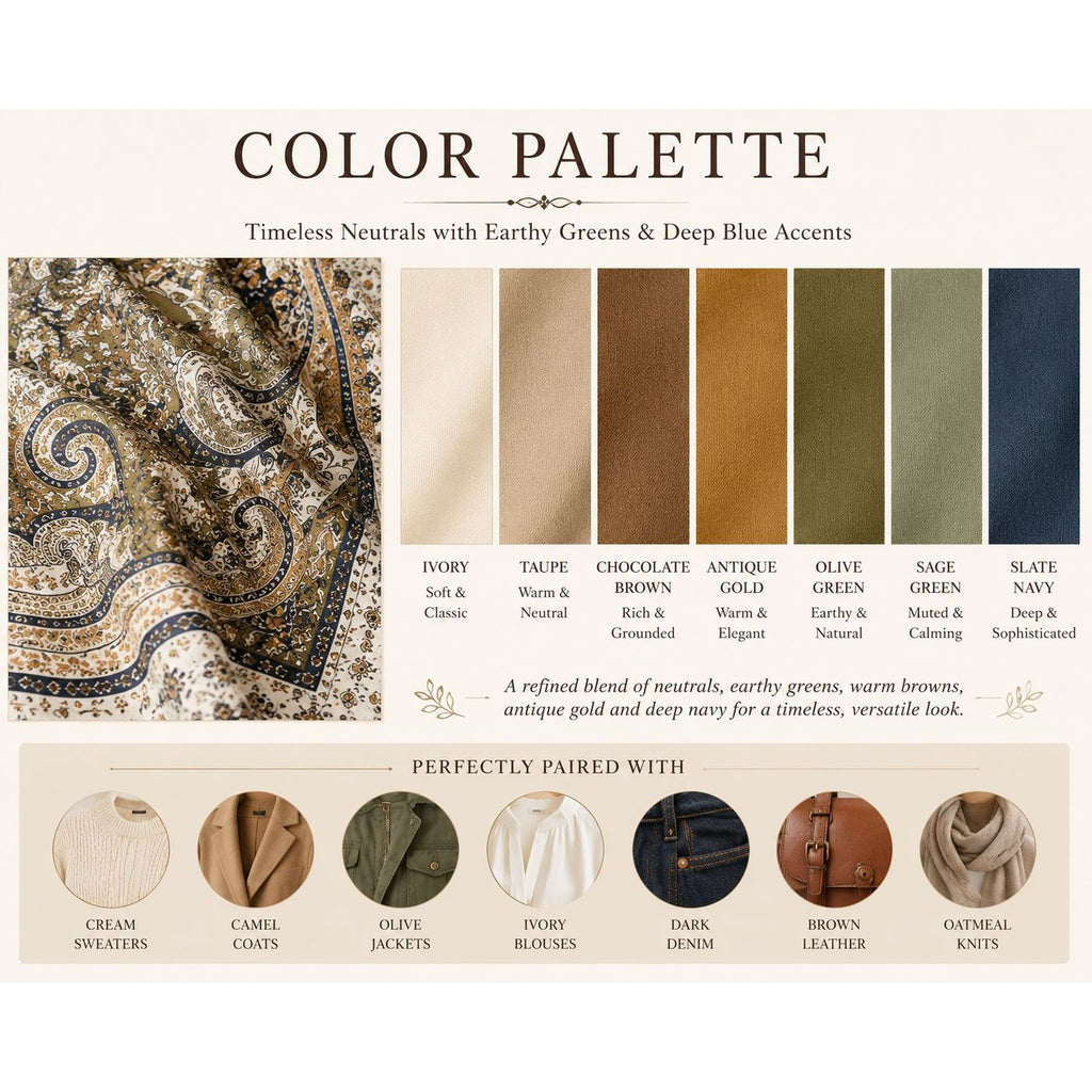 Color palette with earthy tones and deep blue accents, paired with clothing examples.