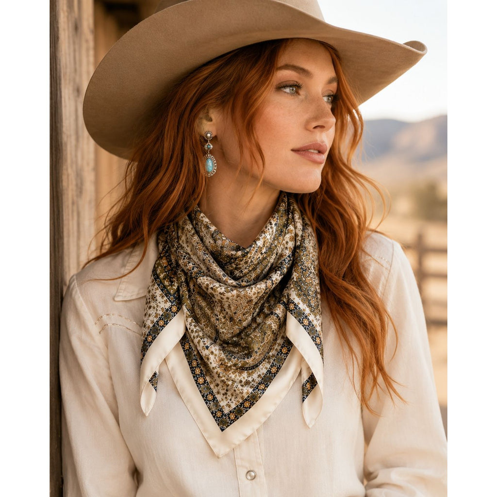 Woman wearing a beige hat and patterned scarf with a scenic background