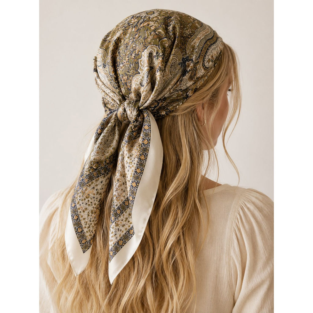 Woman wearing a patterned headscarf with a neutral background