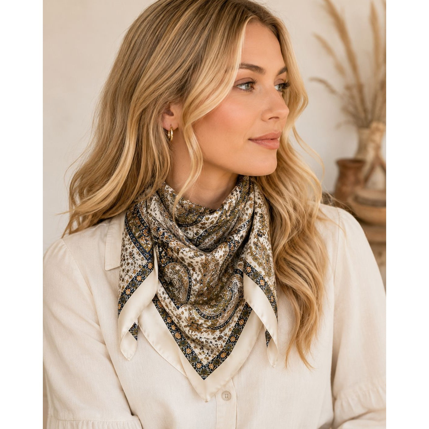 Ivory Olive Paisley Square Scarf 26x26 Sage Green Brown Boho Western Neck Scarf