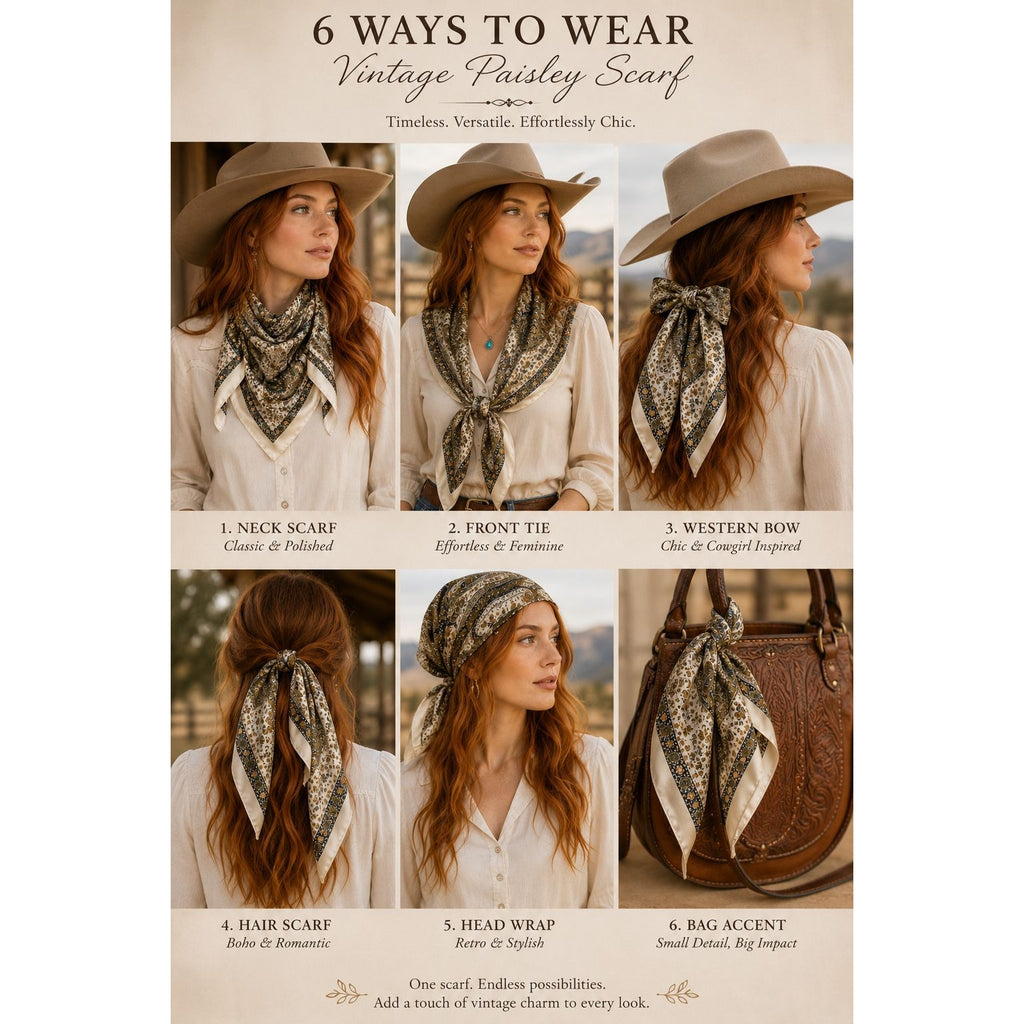 Ivory Olive Paisley Square Scarf 26x26 Sage Green Brown Boho Western Neck Scarf