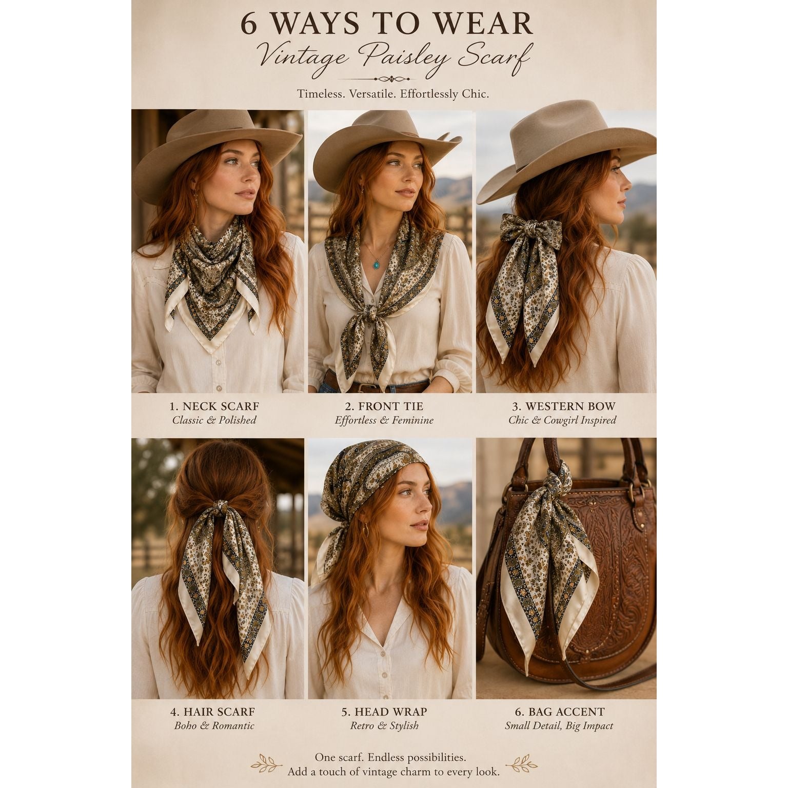 Ivory Olive Paisley Square Scarf 26x26 Sage Green Brown Boho Western Neck Scarf