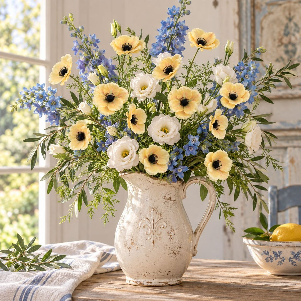 Artificial Butter Yellow Poppy Stems, Set of 2, 29-Inch Faux Flowers