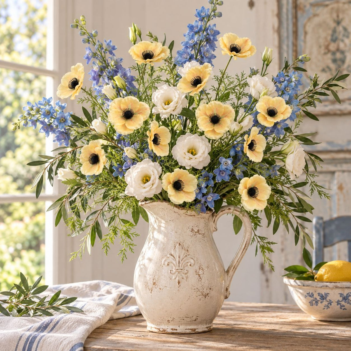 Artificial Butter Yellow Poppy Stems, Set of 2, 29-Inch Faux Flowers