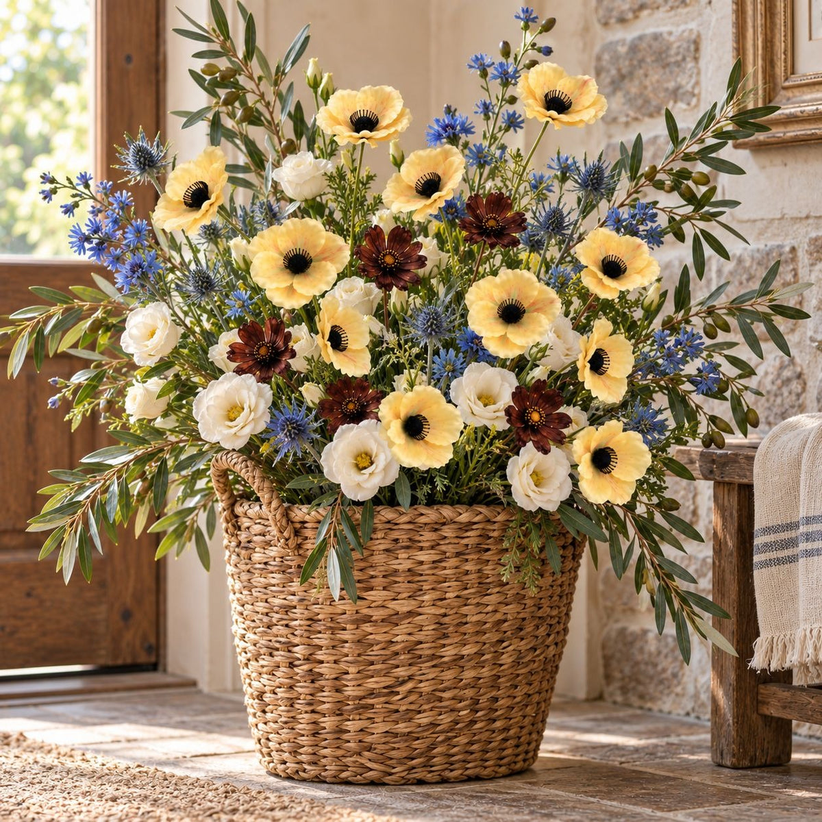 Artificial Butter Yellow Poppy Stems, Set of 2, 29-Inch Faux Flowers