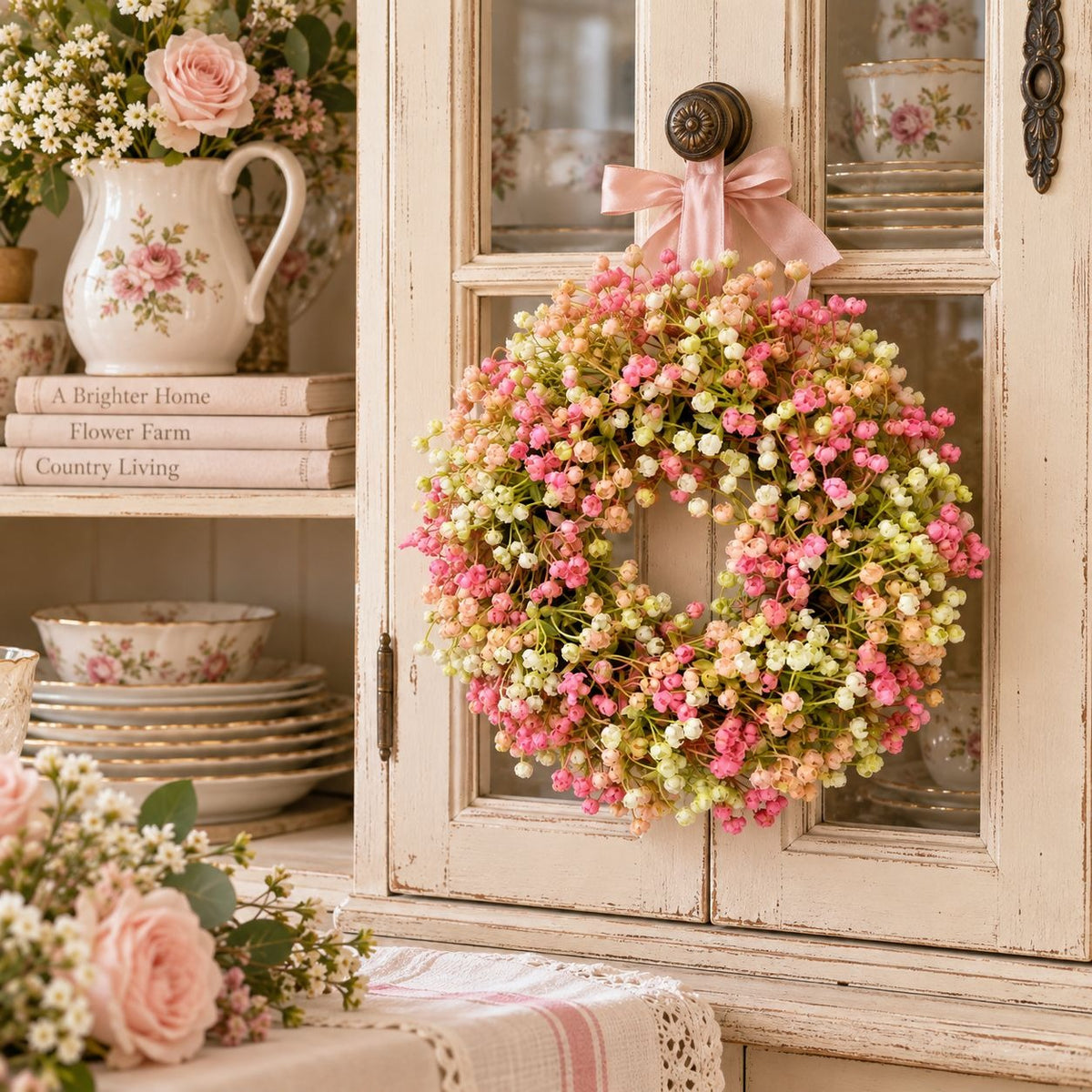 Pink Artificial Floral Candle Ring 12 Inch Mini Wreath Wedding Centerpiece