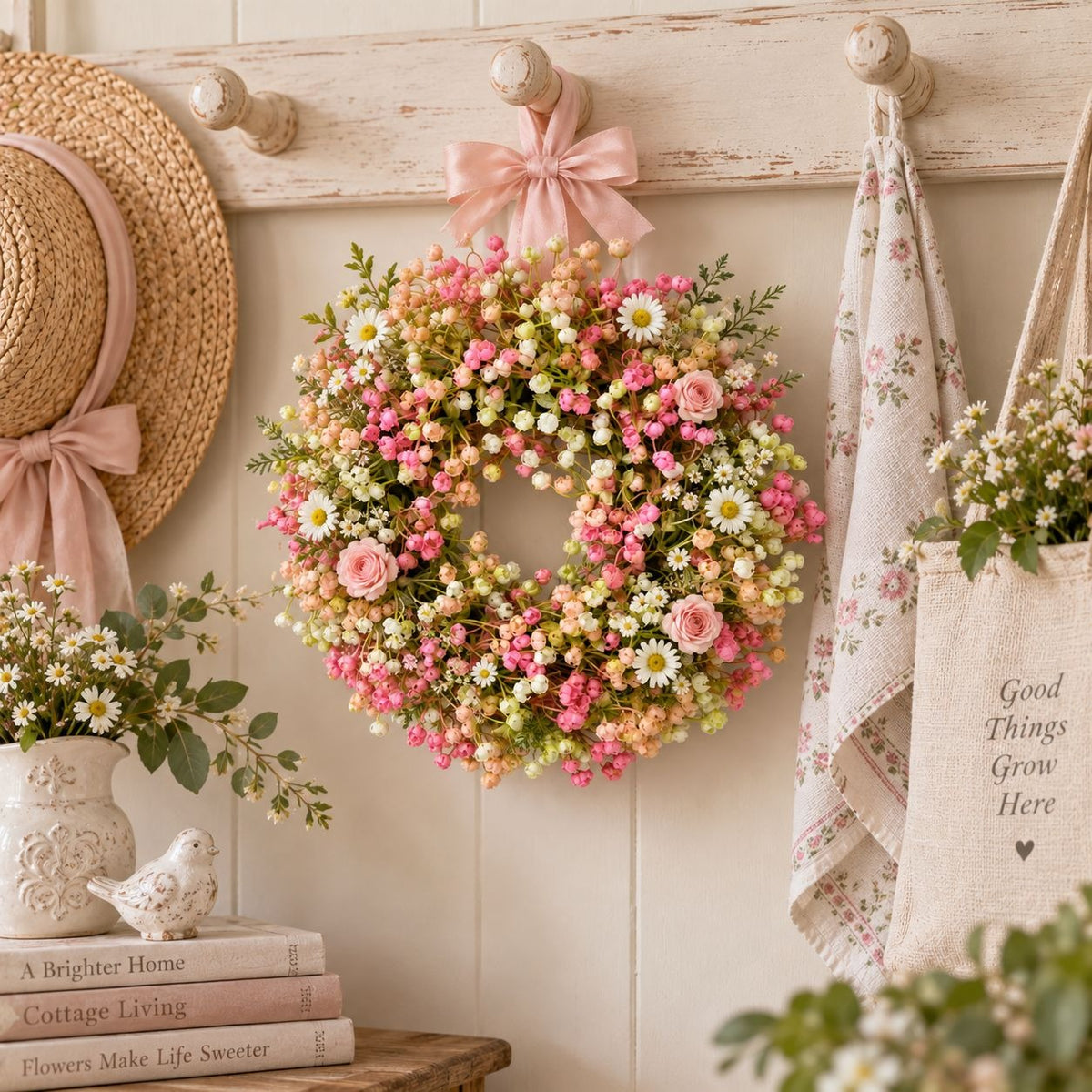 Pink Artificial Floral Candle Ring 12 Inch Mini Wreath Wedding Centerpiece