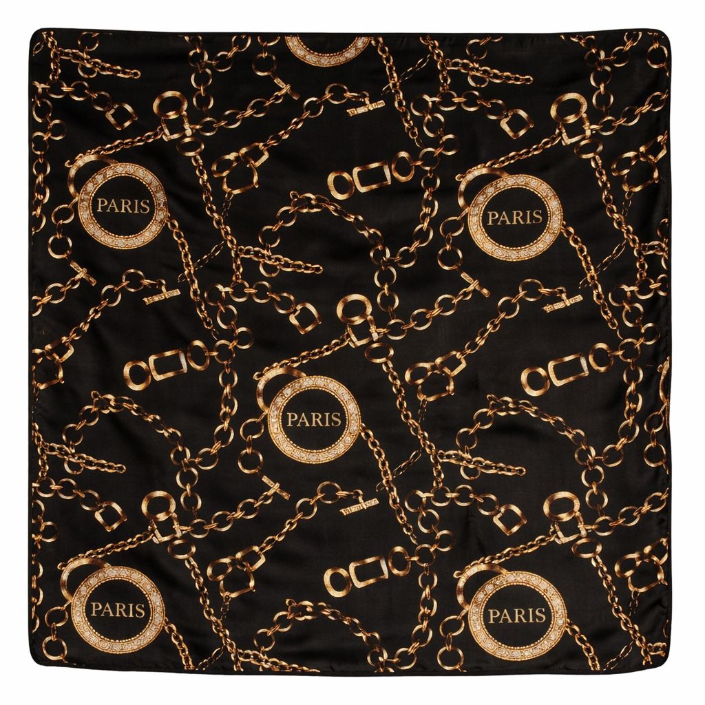 Black Gold Paris Chain Satin Square Scarf 20x20 Hair Neck Head Wrap