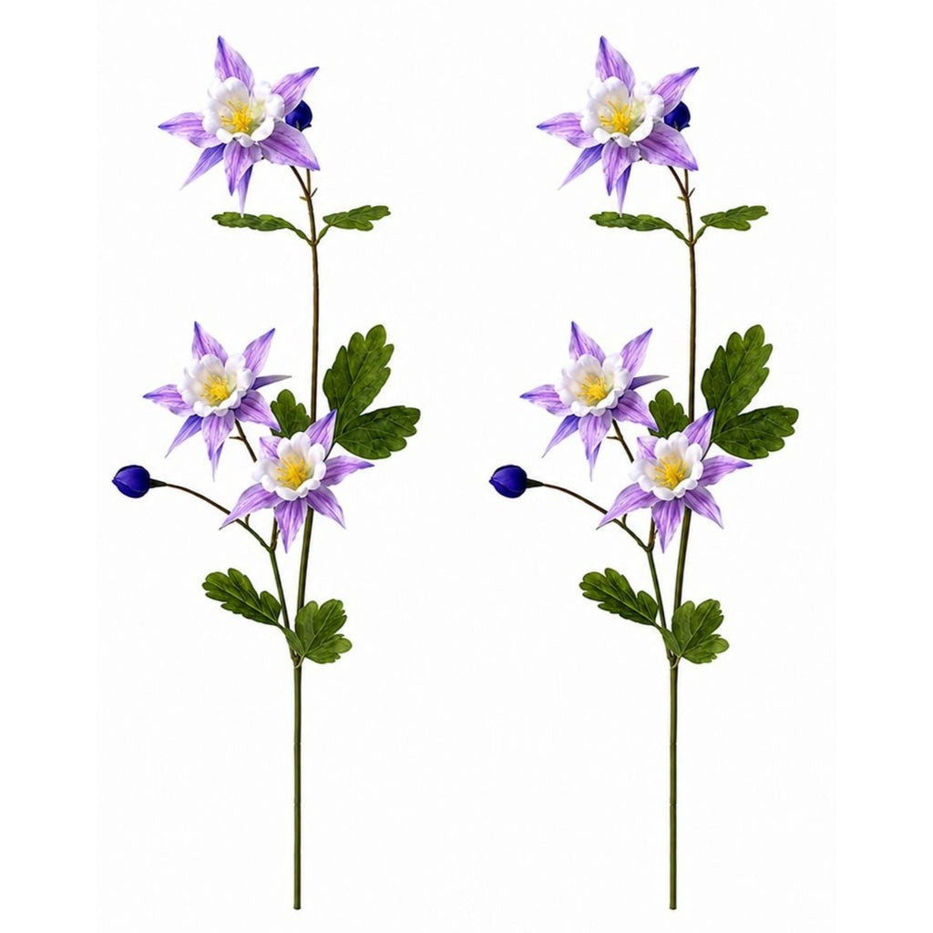 Purple White Artificial Columbine Flowers Set of 2 | 23 Inch Real Touch Wildflower Stems