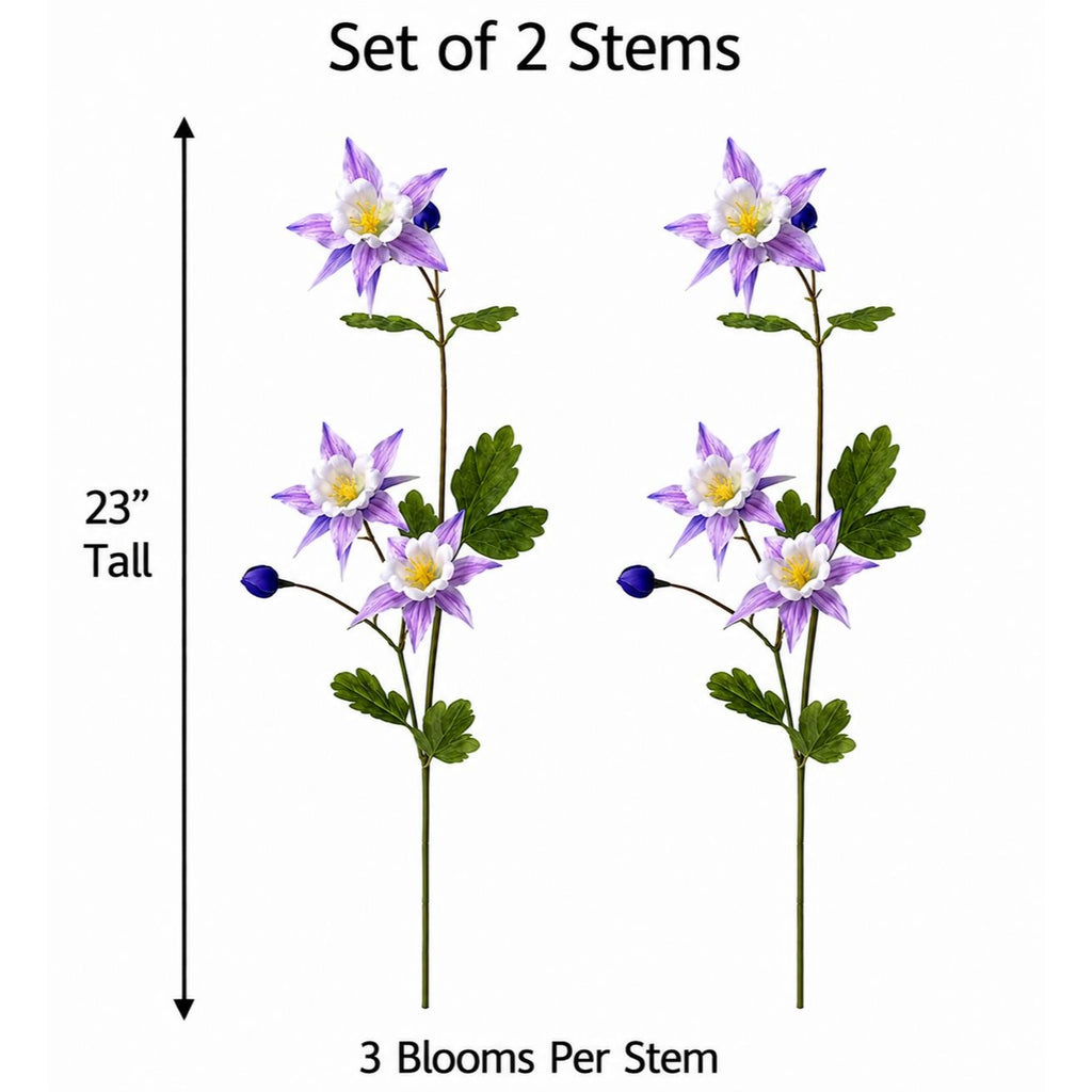 Two artificial purple columbine flower stems with green leaves and blue buds, shown on a white background with text indicating a 23-inch tall set of 2 stems with 3 blooms per stem.