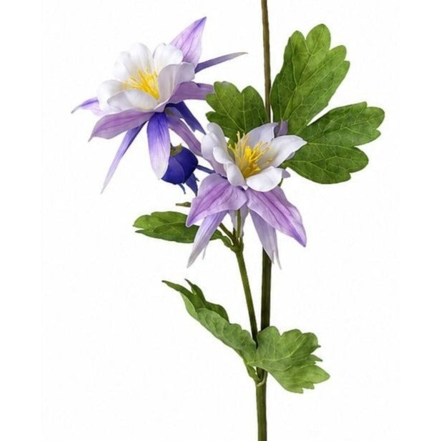 An artificial Columbine flower stem featuring two white and purple flowers with yellow centers, green leaves, and a small blue bud, isolated on a white background.