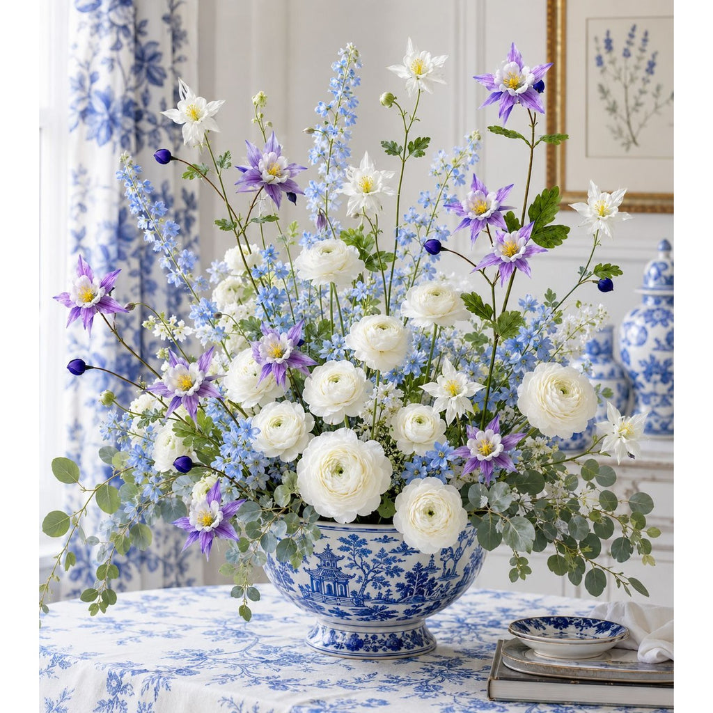 A large floral arrangement in a blue and white porcelain vase, set on a table with a matching blue and white tablecloth. The bouquet features white roses, purple clements, blue forget-me-nots, and green foliage, with a matching blue and white teacup and saucer in the foreground.