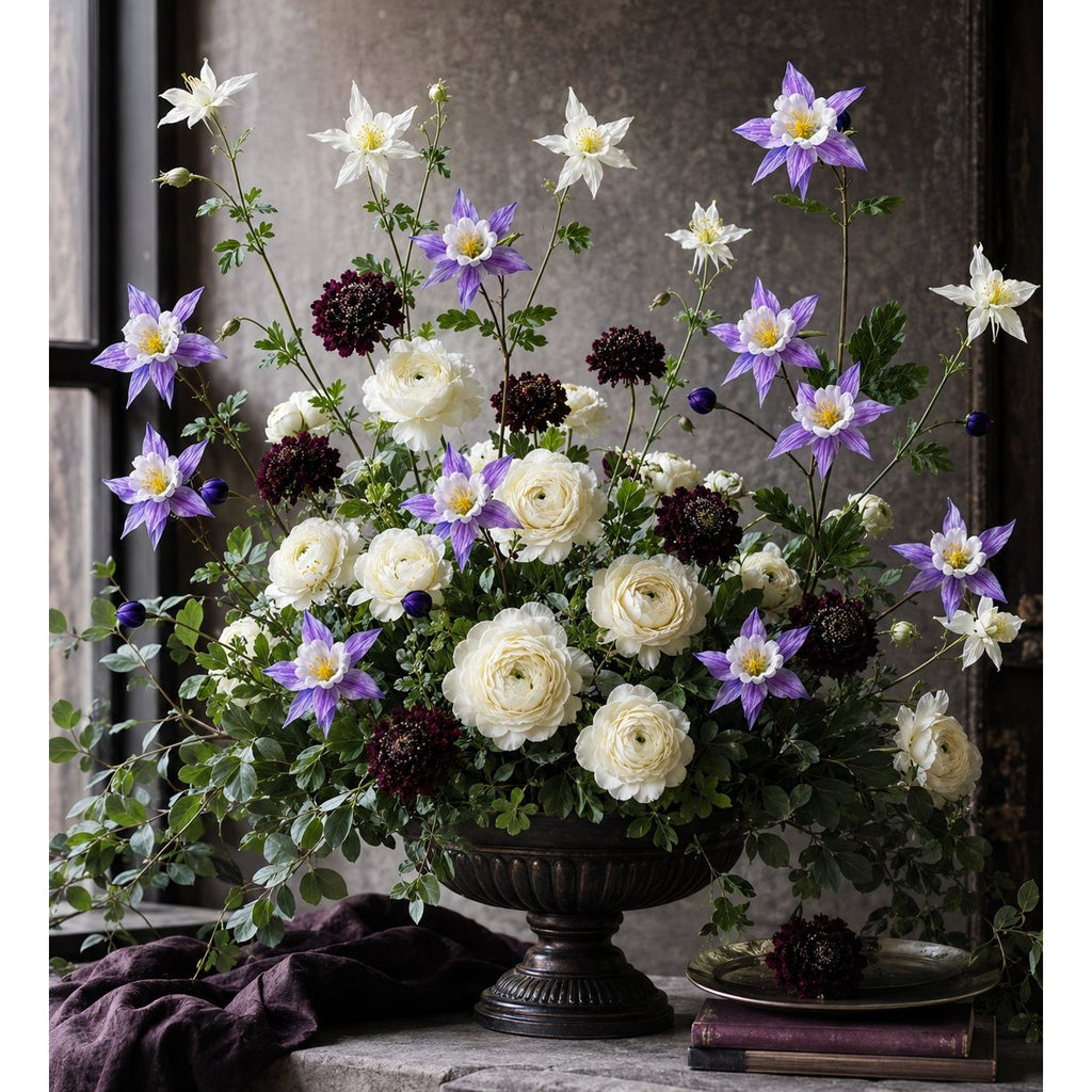 A large floral arrangement in a dark bronze urn, featuring white ranunculus, purple clematis, and dark burgundy flowers with green foliage, styled on a stone ledge with a dark cloth and books.