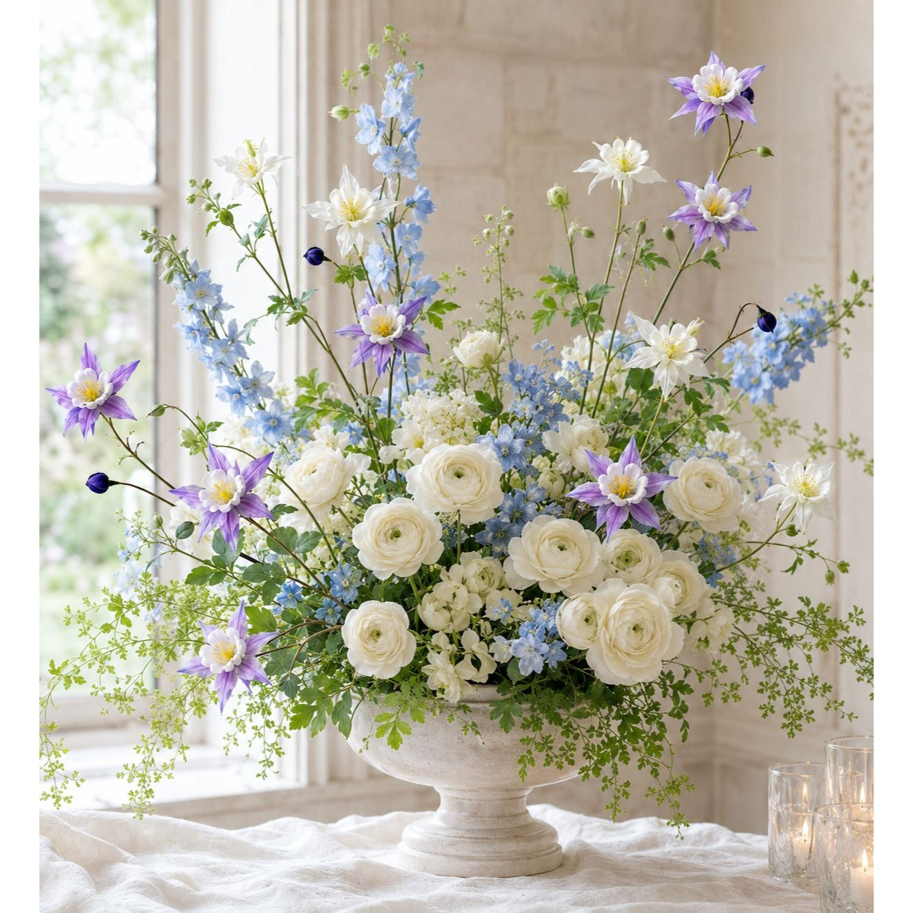 A large floral arrangement in a white pedestal urn, featuring white roses, blue delphiniums, purple clematis, and green foliage, set on a draped white tablecloth in front of a softly lit window.