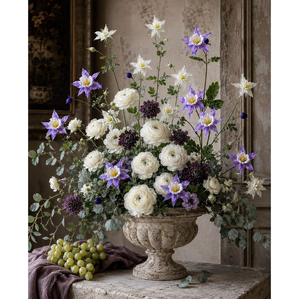 Purple White Artificial Columbine Flowers Set of 2 | 23 Inch Real Touch Wildflower Stems