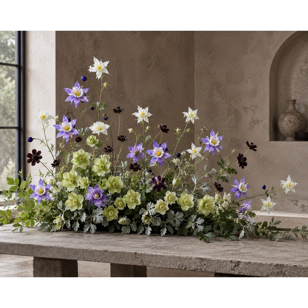 Purple White Artificial Columbine Flowers Set of 2 | 23 Inch Real Touch Wildflower Stems