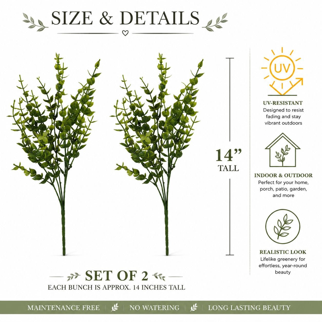 Faux Boxwood Eucalyptus Stems UV Resistant Artificial Greenery Bushes Set of 2 Farmhouse Decor Wreath Making Supplies