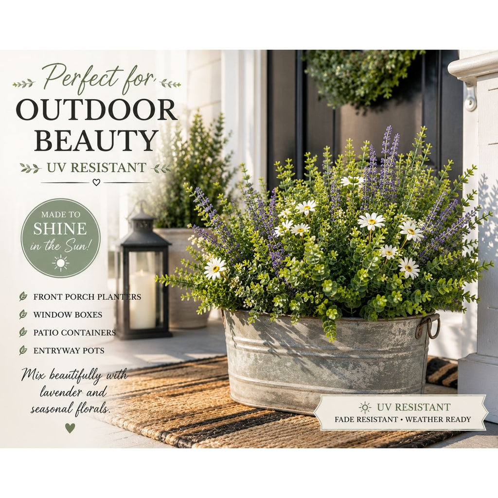 Faux Boxwood Eucalyptus Stems UV Resistant Artificial Greenery Bushes Set of 2 Farmhouse Decor Wreath Making Supplies