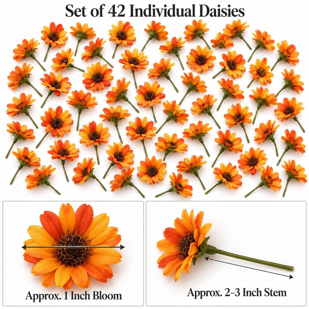 Set of 42 artificial orange and yellow daisy flowers with green stems, shown on a white background with two inset detail diagrams indicating a 1-inch bloom diameter and 2-3 inch stem length.