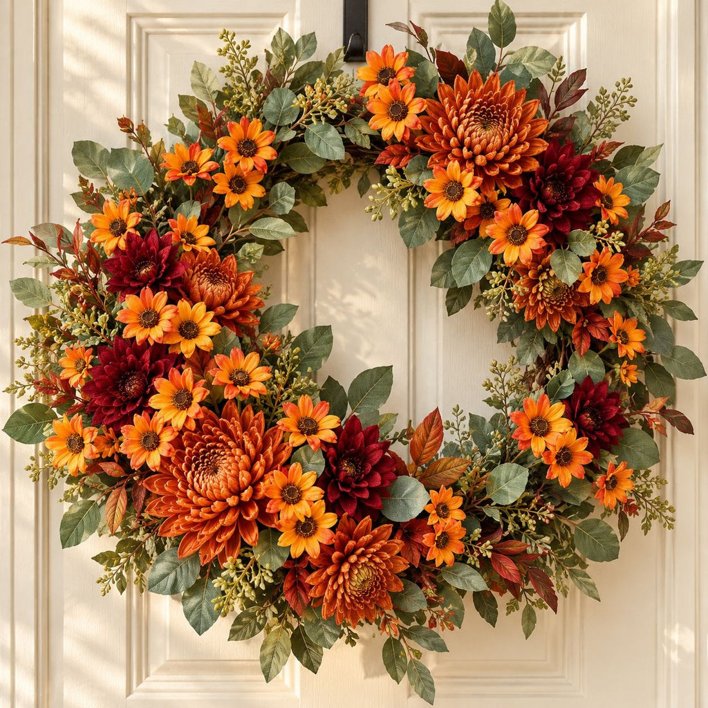 An autumn-themed floral wreath with orange and red flowers, green foliage, and small brown leaves, hanging on a white paneled door.