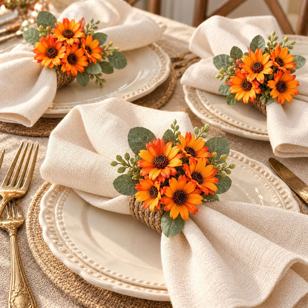 Three place settings on a table, each featuring a cream linen napkin wrapped around a white plate and adorned with a small orange and yellow flower bouquet with green leaves in a jute-wrapped holder.