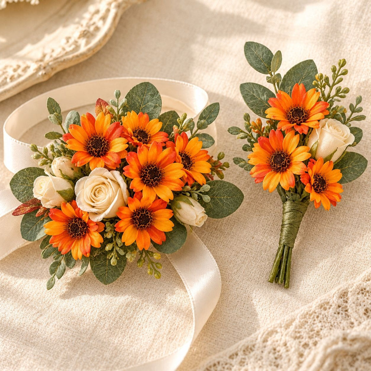 A floral bouquet and matching boutonniere set arranged on a cream fabric surface. The bouquet contains bright orange sunflowers, white roses, and green foliage, tied with a white ribbon.