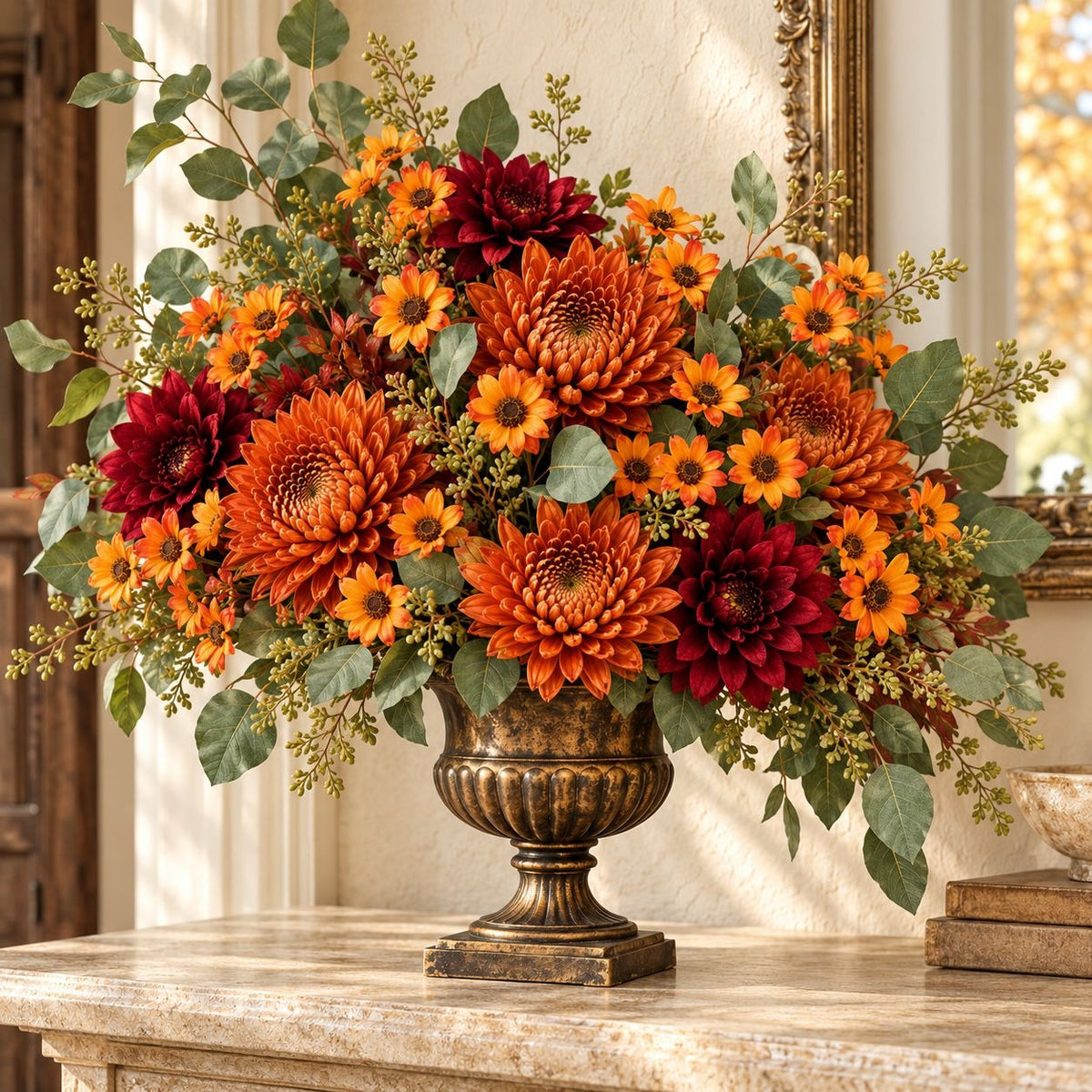 A large autumn floral arrangement in an ornate bronze pedestal vase, featuring orange and burgundy dahlias, black-eyed Susans, and green foliage, displayed on a stone console table in an indoor setting.