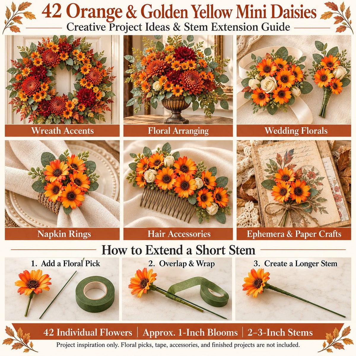 A promotional collage for orange and golden yellow mini daisies, showing multiple floral project examples such as a wreath, floral arrangement, wedding florals, napkin rings, hair accessories, and ephemeris and paper crafts, plus a small 'How to Extend a Short Stem' section with step-by-step instructions. The layout includes decorative autumn borders and text labels on a beige background.