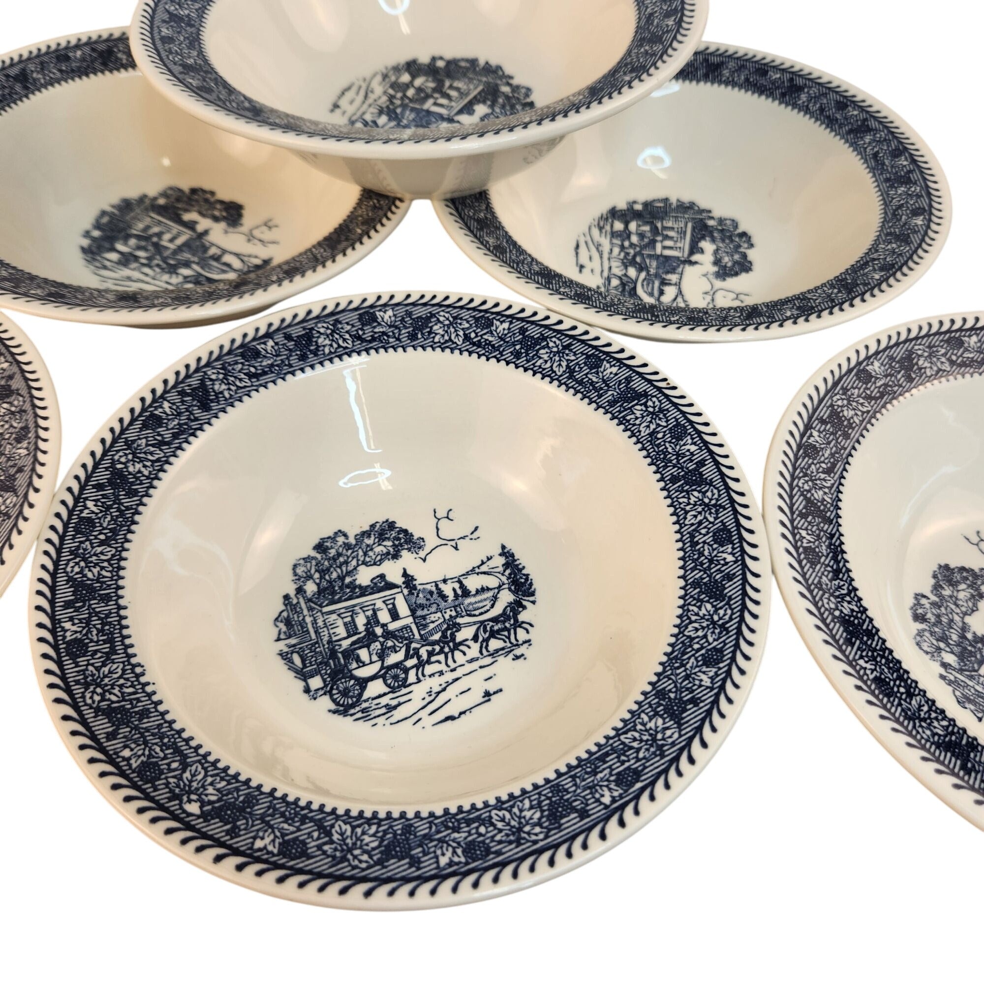 Vintage Homer Laughlin Stratwood Bowl Blue Transferware Shakespeare Country Ironstone Cereal Bowl Ivory Salad Dish
