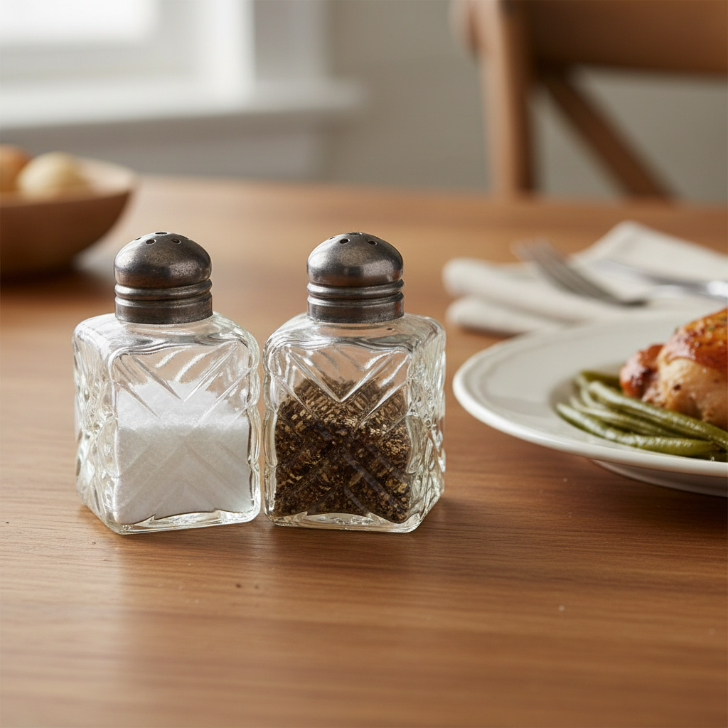 Pair of vintage shakers next to plate on wooden table