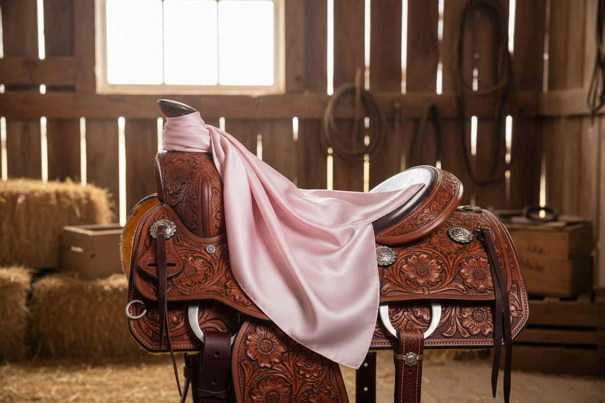 Pastel pink wild rag 23x23 draped over western saddle with tack