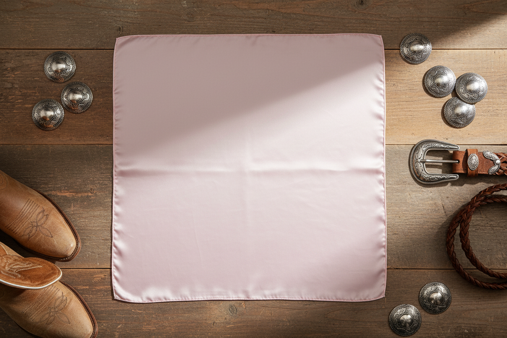 Pastel pink wild rag 23x23 laid flat in square shape with western accessories