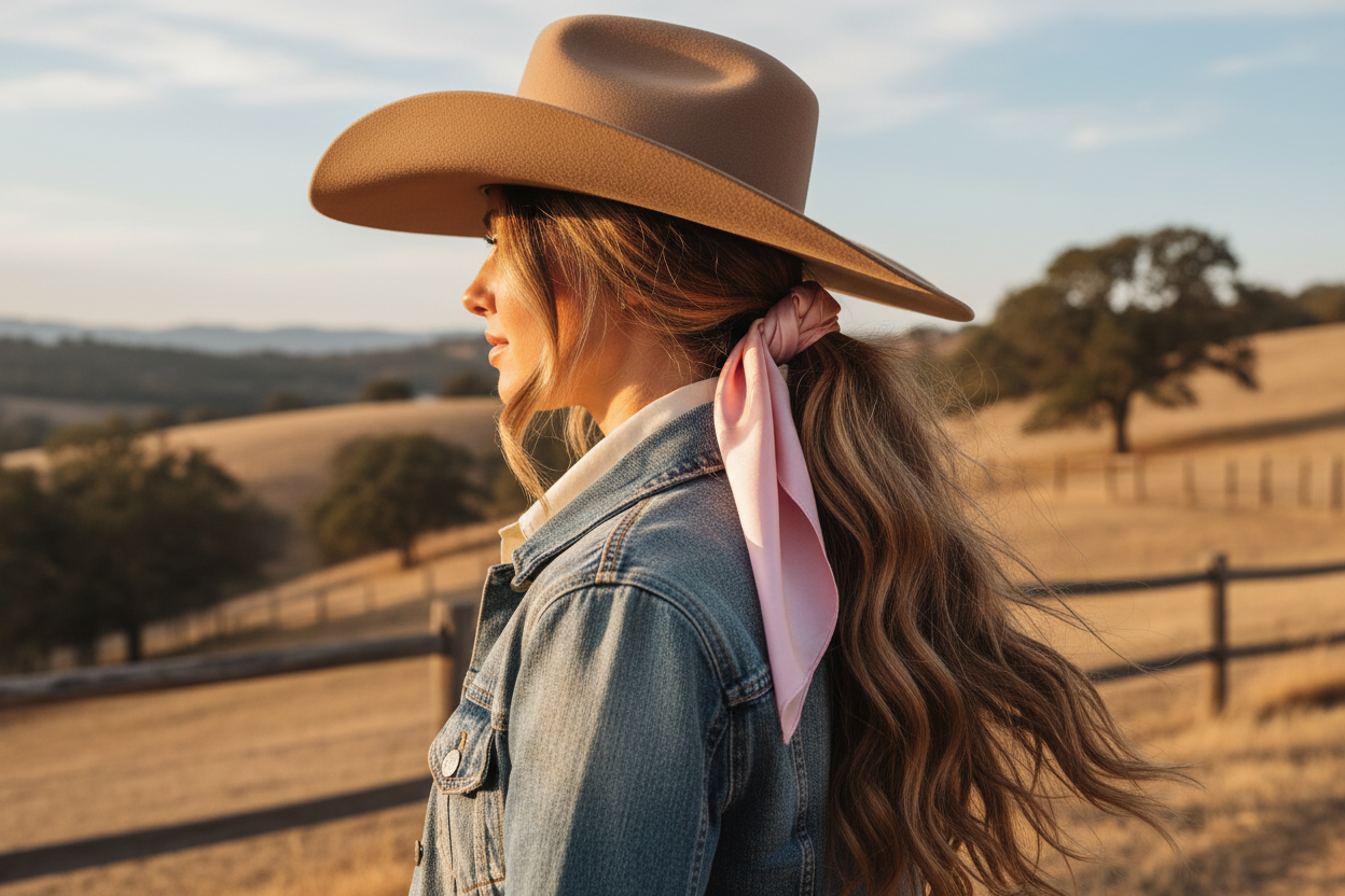 Pastel pink wild rag 23x23 scarf styled as hair tie on cowgirl