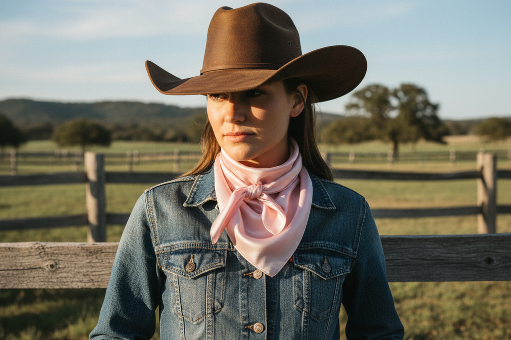 Pastel pink wild rag 23x23 scarf wrapped around cowgirl's neck